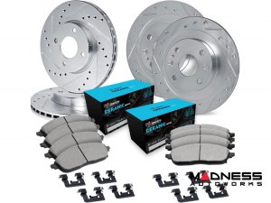 Mazda Miata MX-5 Brake Kit - Front + Rear - R1 Concepts - Ceramic Brake Pads - eLINE Drilled + Slotted Rotors Mazda Miata MX-5 Brake Kit - Front + Rear - R1 Concepts - Ceramic Brake Pads - eLINE Drilled + Slotted Rotors